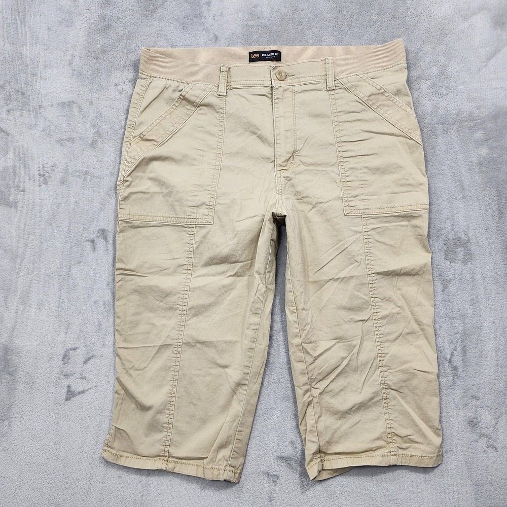 Lee Pants Womens 14 Beige Relaxed Fit Mid Rise Capri Twill Elastic Waist Casual
